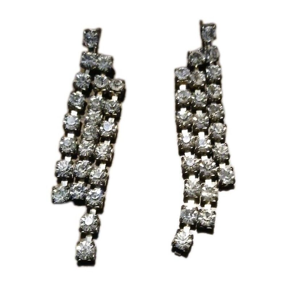 Vintage Fringe Hanging Silver Tone Clear Rhinestone Earrings